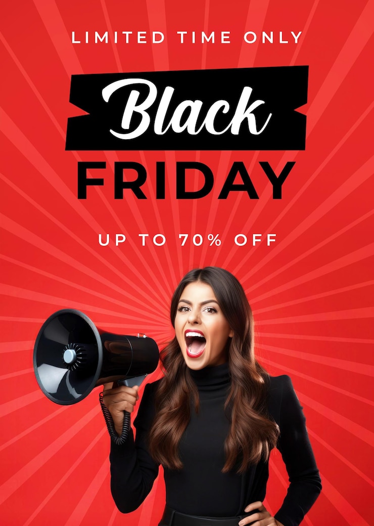 PSD expressieve vrouw op een rode achtergrond die een megafoon gebruikt om black friday-deals aan te kondigen en ruimte te kopiëren