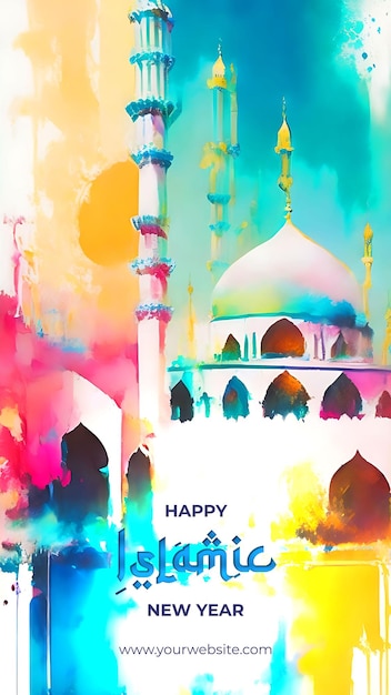 PSD expressive watercolor beautiful mosque illustration to celebrate the islamic new year
