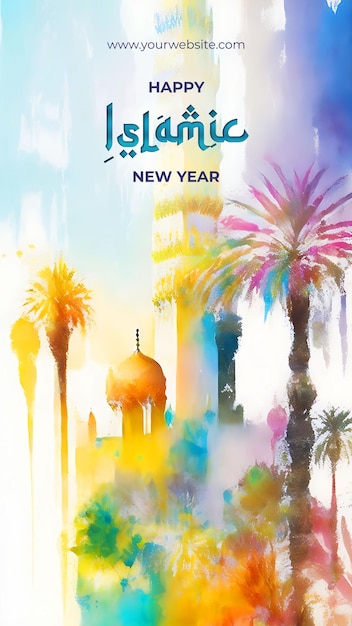 イスラムの新年を祝う表情豊かな水彩の美しいモスクのイラスト