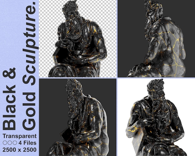 PSD squisito rendering 3d della miscela della statua di mosè di marmo nero lucido e splendidi accenti dorati xa