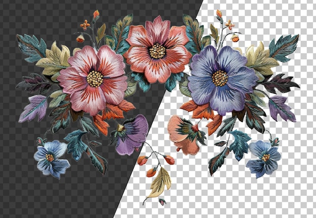 PSD Прекрасная ботаническая вышивка с красочными цветами на прозрачном фоне