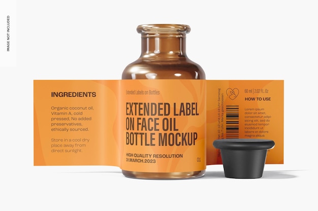 Extended label on face oil bottle mockup, opened