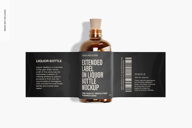 Extended label on liquor bottle mockup, top view