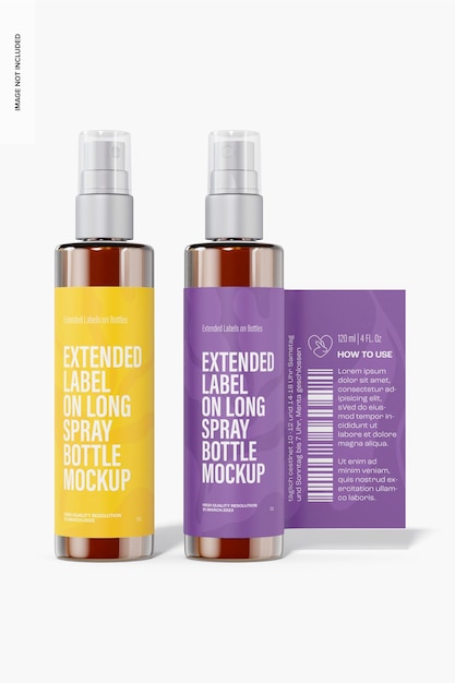 PSD extended label on long spray bottle mockup