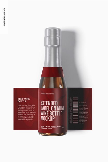 PSD extended label on mini wine bottle mockup, top view