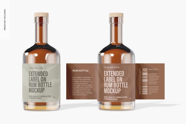 PSD extended label on rum bottle mockup, front view