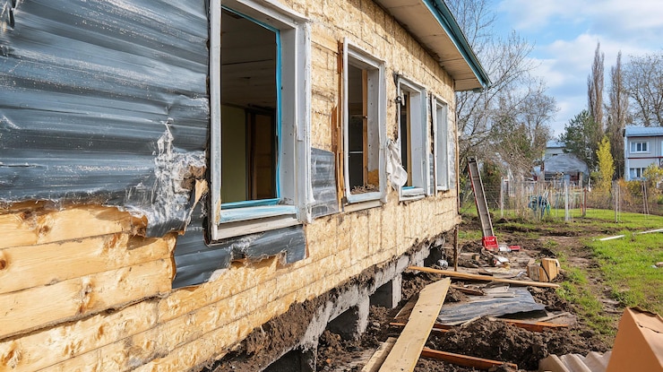 PSD exterior of a house under demolition or renovation with exposed wooden siding broken windows and construction debris