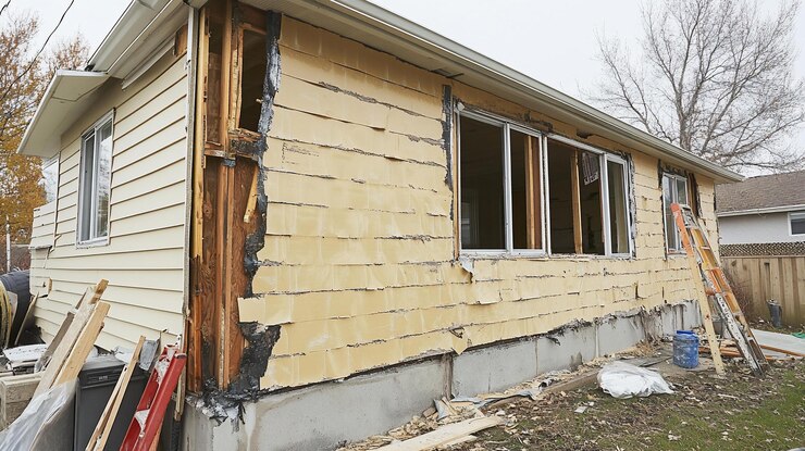 PSD exterior house wall undergoing demolition or renovation damaged siding exposed framing and construction materials are visible