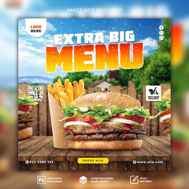 Modello psd premium per hamburger con menu extra large per post sui social media