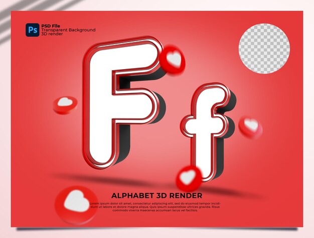 F alphabet 3d render colore rosso con elementi