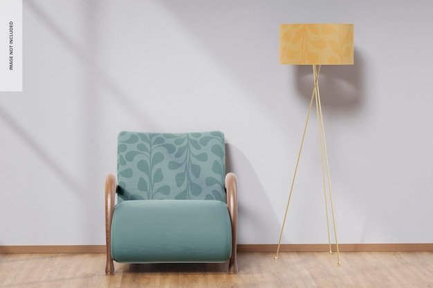 PSD fabric arm chair mockup, with lamp