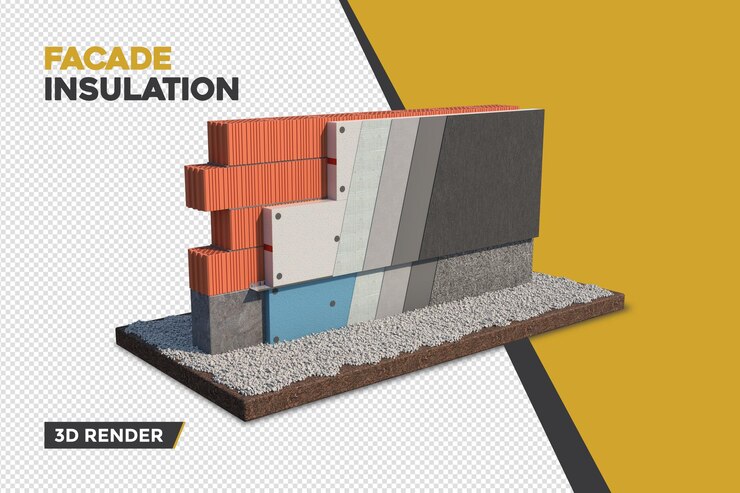PSD facade insulation layer order on gravel terrain in 3d realistic render