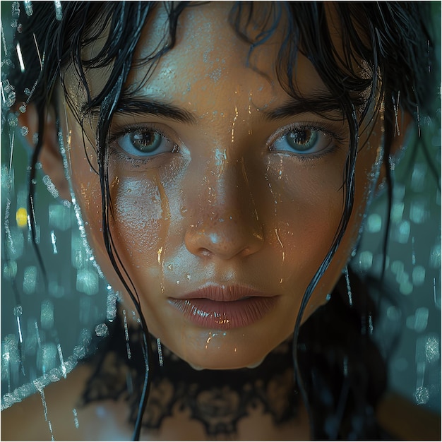 PSD face of a beautiful slavic woman wet in the rain