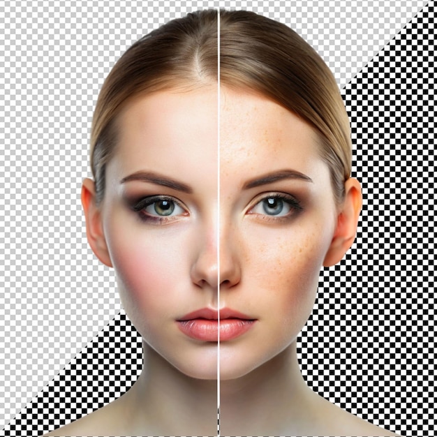 Face of young woman with zoom circles before and after