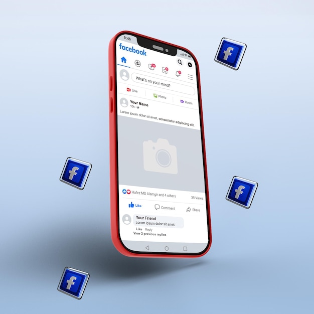 PSD facebook-bericht op mobiele telefoonmodel met 3d-pictogrammen