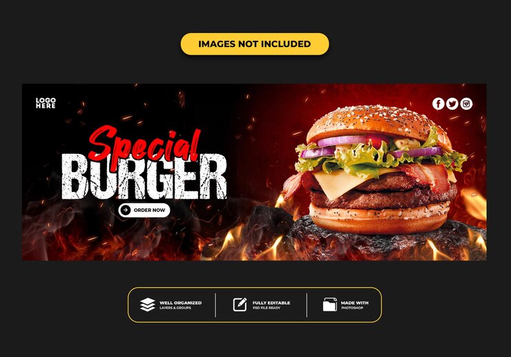 PSD шаблон баннера для обложки facebook для ресторана fast food menu burger