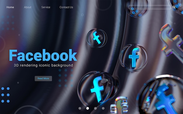 PSD facebook icon inside bubble glass geometric shapes on colorful abstract dark background 3d render