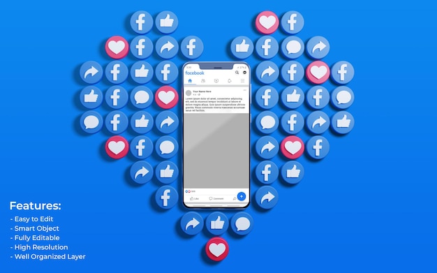 Mockup dell'interfaccia di facebook circondato da like 3d