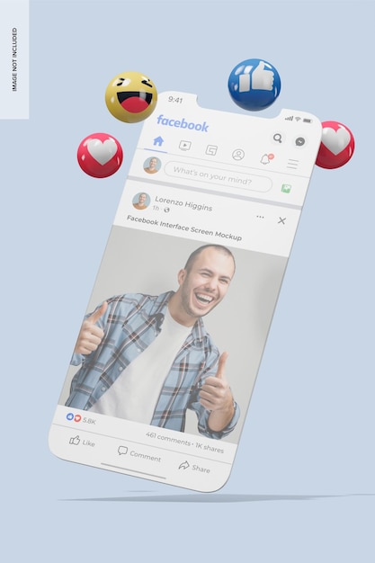 facebook interface screen mockup, falling
