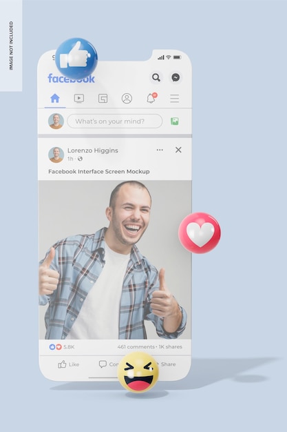 Facebook interface screen mockup, front view