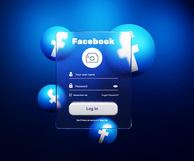 PSD modello di modulo di accesso a facebook con effetto morfismo in vetro o modello di pagina di iscrizione ai social media