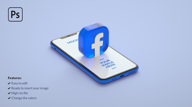 PSD pulsante logo facebook con un mockup dello schermo dello smartphone in rendering 3d