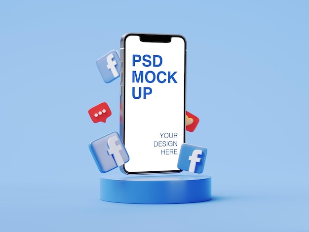 Facebook logo social media post on mobile phone mockup with 3d icons