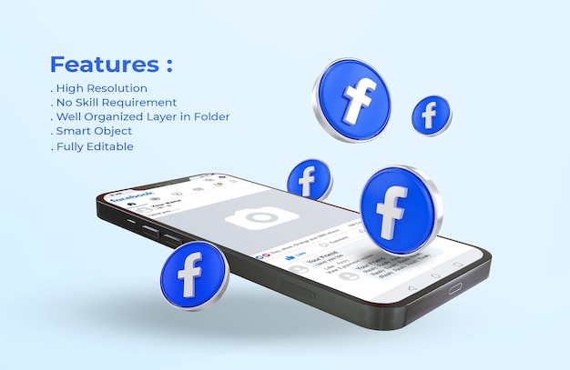 Facebook on mobile phone mockup icon 3d