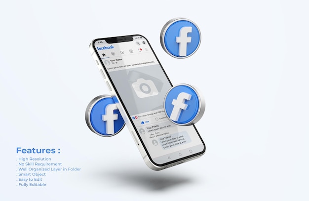 Facebook on Mobile Phone Mockup with 3d icons