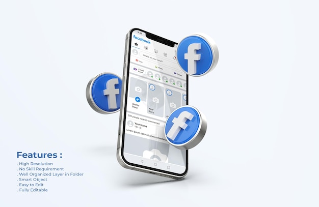 PSD facebook on mobile phone mockup with 3d icons