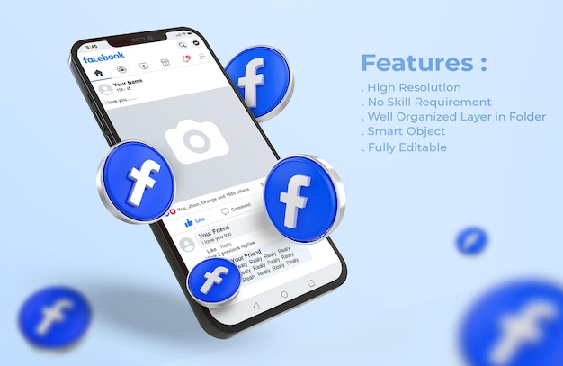 PSD facebook on mobile phone mockup with 3d logo