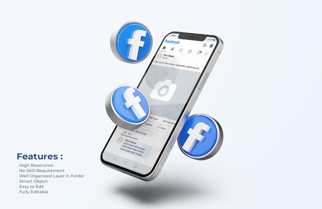 PSD facebook na makiecie telefonu komórkowego z ikonami 3d