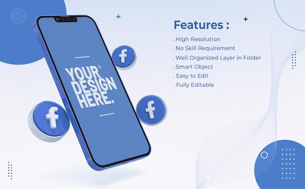 PSD facebook na makiecie telefonu komórkowego z luksusowymi ikonami 3d