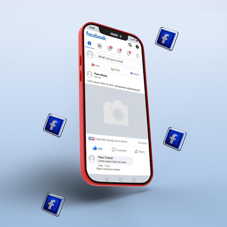 PSD публикация в facebook на макете мобильного телефона с 3d-иконами