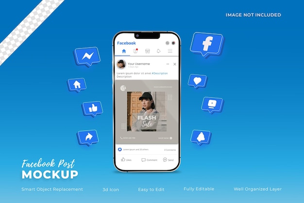 PSD post di facebook sul mockup di smartphone con icone 3d