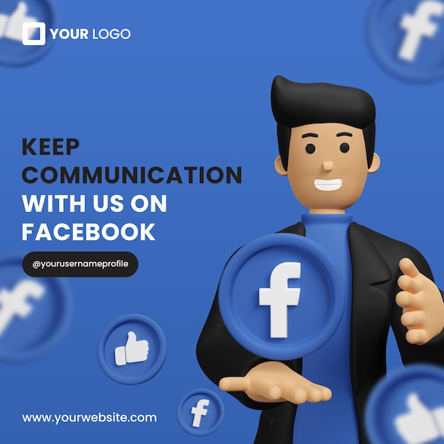 PSD promozione facebook con icona facebook 3d per modello di post instagram psd premium