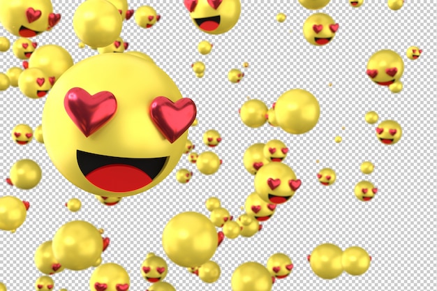 PSD facebook-reacties houden van emoji 3d render op transparante achtergrond, sociale media ballonsymbool met hart