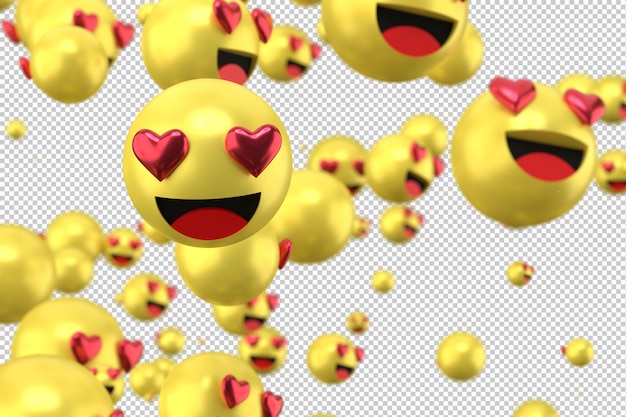 PSD le reazioni di facebook amano il rendering di emoji 3d sul simbolo palloncino trasparente e social media con il cuore