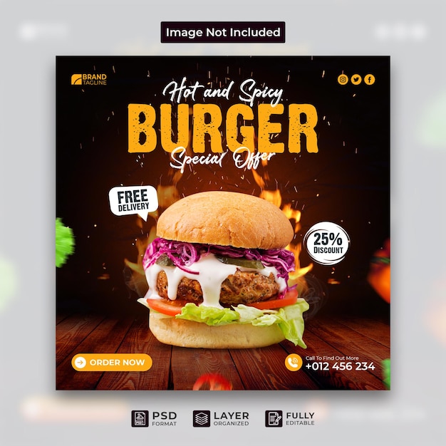 I social media di facebook pubblicano il design del modello del ristorante instagram del fast food di hamburger caldo e delizioso