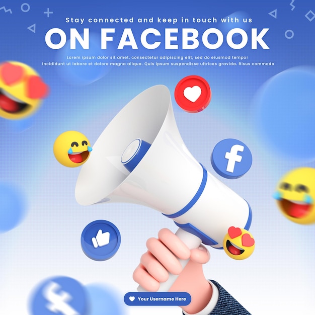 Facebook social media post template with social networking logos and icon around 3d megaphone