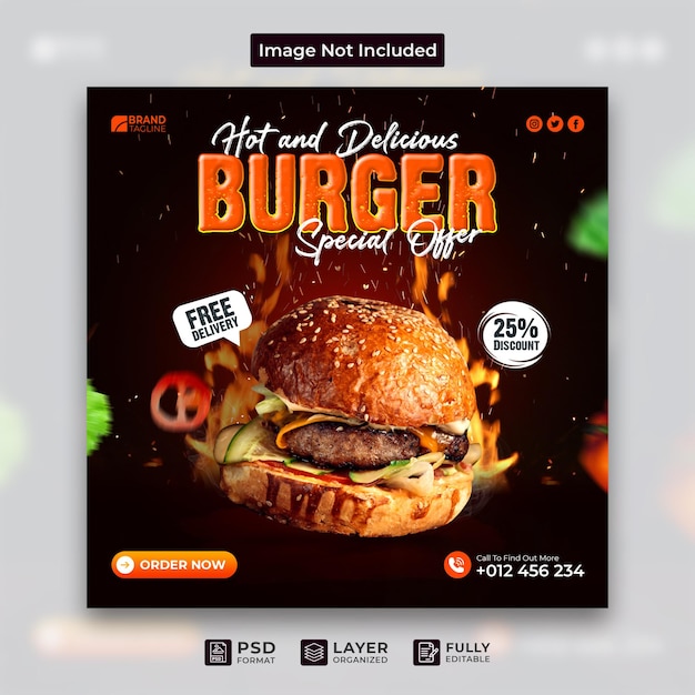 Facebook social media post warme en heerlijke hamburger fastfood instagram restaurant sjabloonontwerp