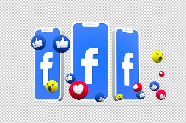 Facebook symbol on screen smartphone or mobile and facebook reactions love,wow,like emoji 3d render