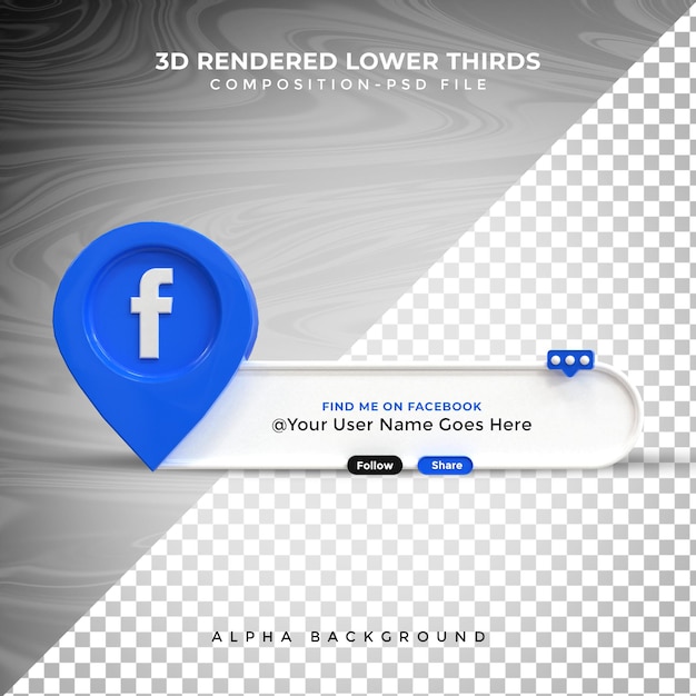 PSD facebook verbind ons op sociale media onderste derde 3d-ontwerp render pictogrambadge