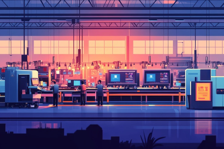 PSD factory workers operating machinery in a large industrial facility at dusk