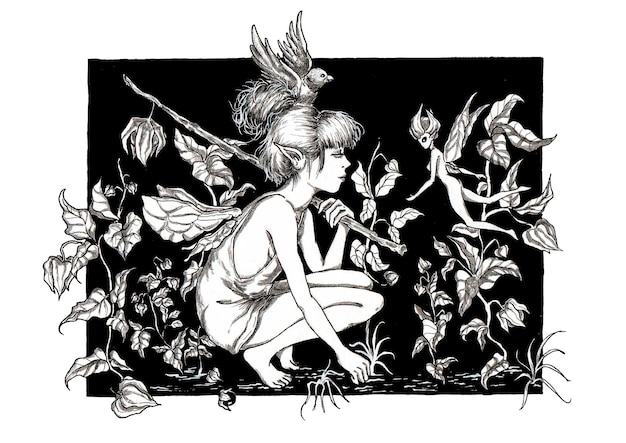A fairy with wings sits in a flower bed.