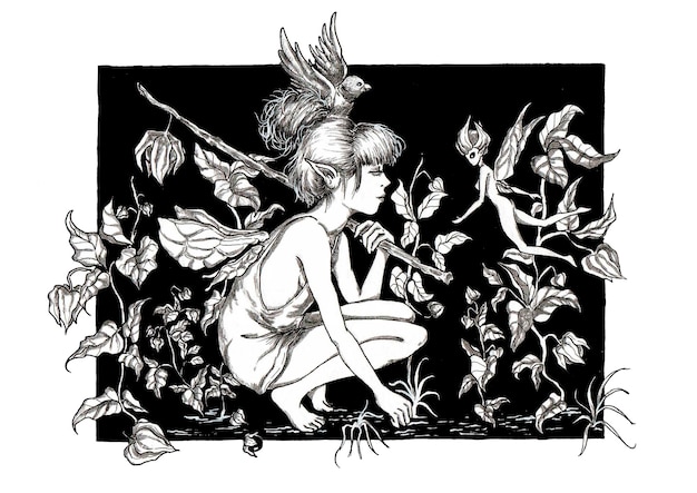 PSD a fairy with wings sits in a flower bed.