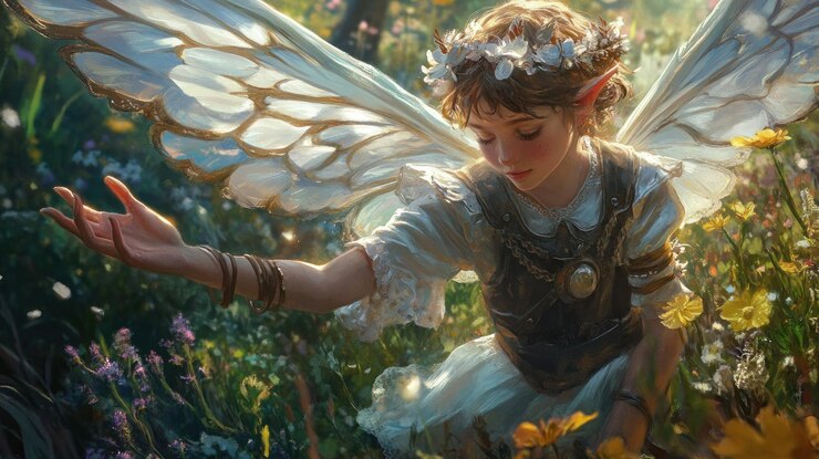 PSD fairytale elf girl with large wings in a flower meadow