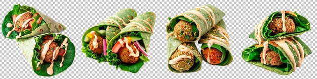 PSD falafel z sosem tahini w tortilli z szpinakiem na przezroczystym tle