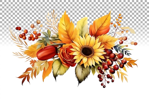 PSD fall arrangement watercolor illustration autumn leaves rowan berries sunflower acorn maple leaf