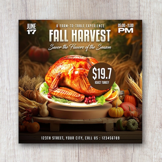 Fall harvest dinner food menu flyer restaurant social media banner